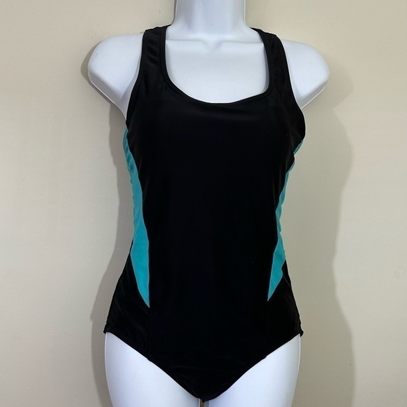 Speedo sz sm 1 piece swimsuit in black with aqua accent. Very nice suit - Picture 6 of 12